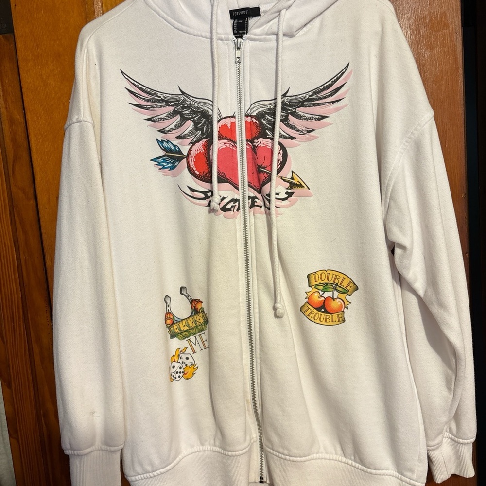 Oversized White Graphic Zip-Up Hoodie with Wings and Hearts